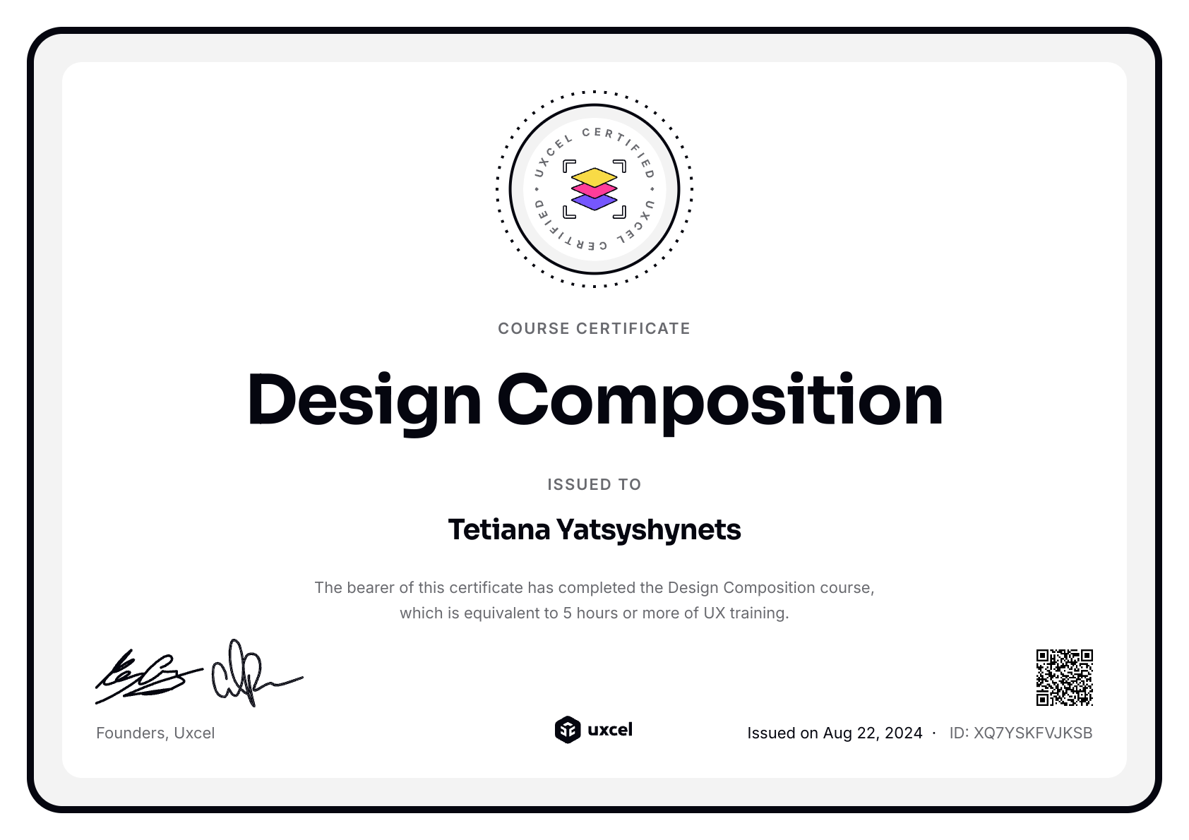 Tetiana Yatsyshynets's certificate